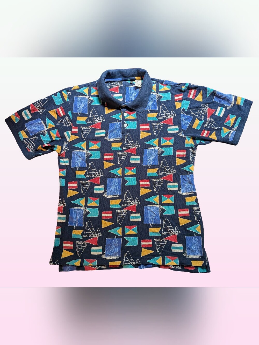Vintage 90s All Over Print Nautical Flag Sailboat Polo Shirt Men Small Navy